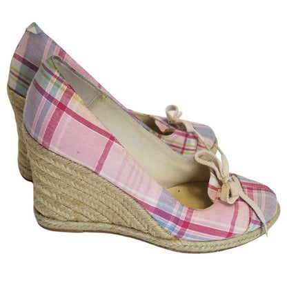 Pink Plaid Wedge High Heels with Bowtie Espadrilles Round Toe Heels Size 7