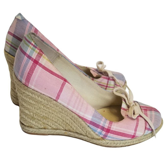 Pink Plaid Wedge High Heels with Bowtie Espadrilles Round Toe Heels Size 7