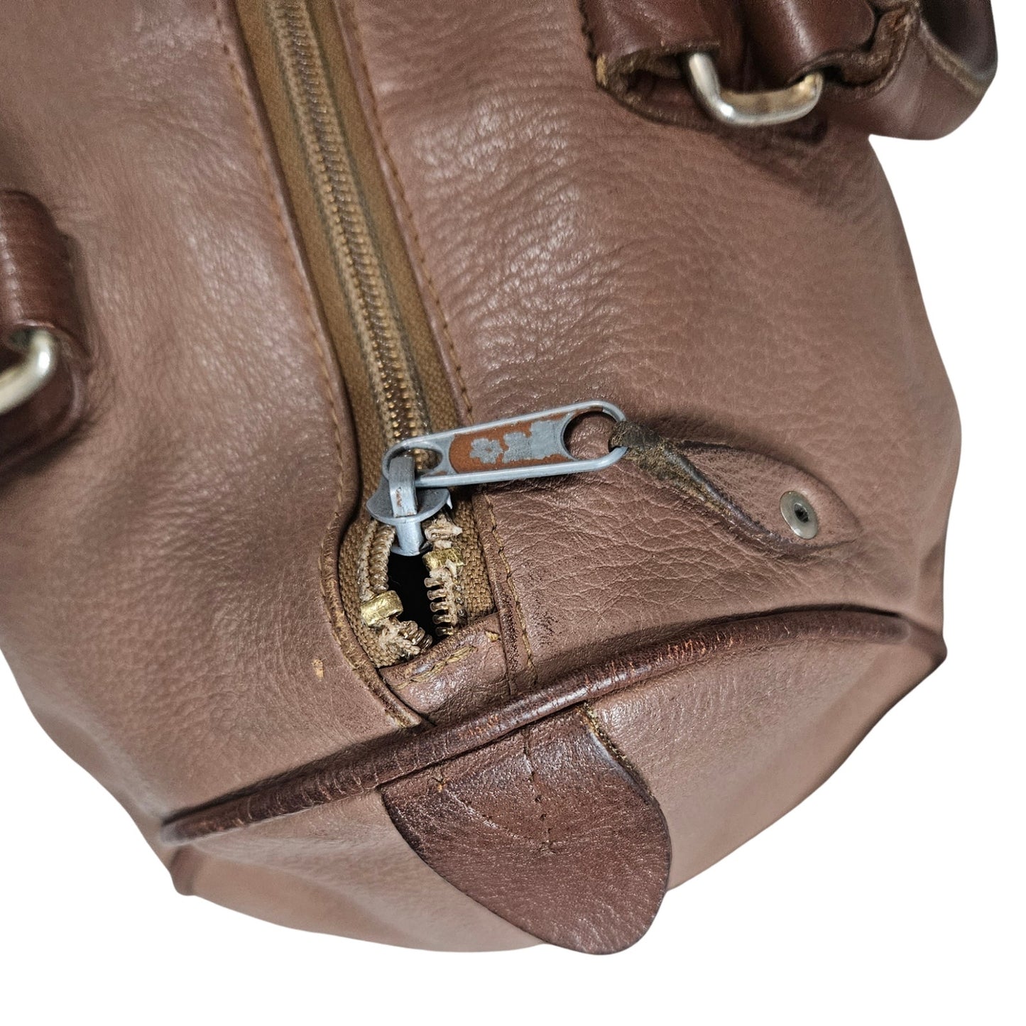 INC Brown Genuine Leather Bowling Barrel Bag Top Handle Handbag Gently Used