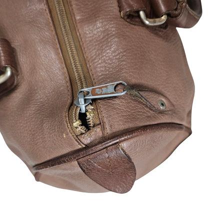 INC Brown Genuine Leather Bowling Barrel Bag Top Handle Handbag Gently Used
