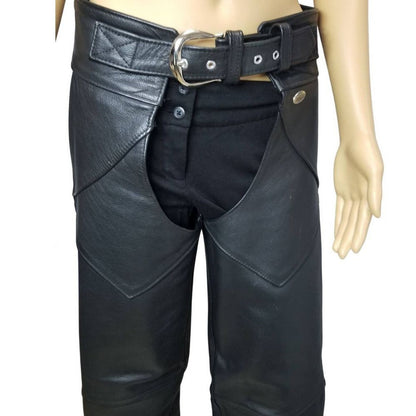Mens Black Leather Chaps Tie Back Snap Ankle HARLEY DAVIDSON Made USA Size Small [Vintage]