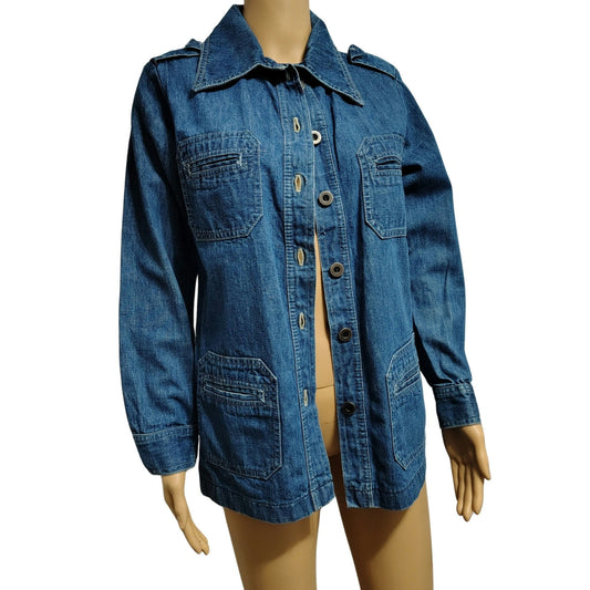 1970s Denim Wingtip Button Up Multiple Pockets Jacket Work Leisure Womens SZ 12