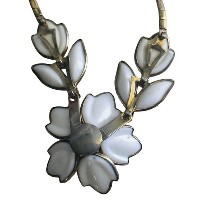 Vintage Crown Trifari White Milk Glass Flower Poured into Gold Tone Necklace