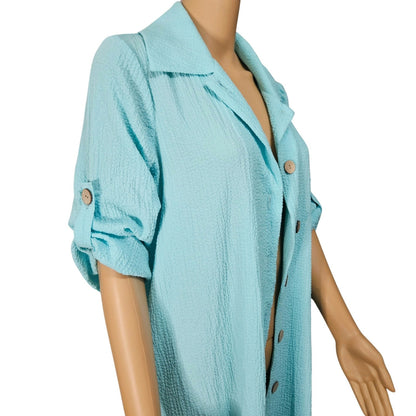 Nina Leonard Pebble Woven Tab Sleeve Tunic Blouse Fold Down Collar Top size Large