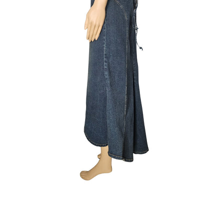1990s Blue Stretch Denim Maxi Uneven Hemline Lace Up Back Jean Dress Size Large [Vintage]