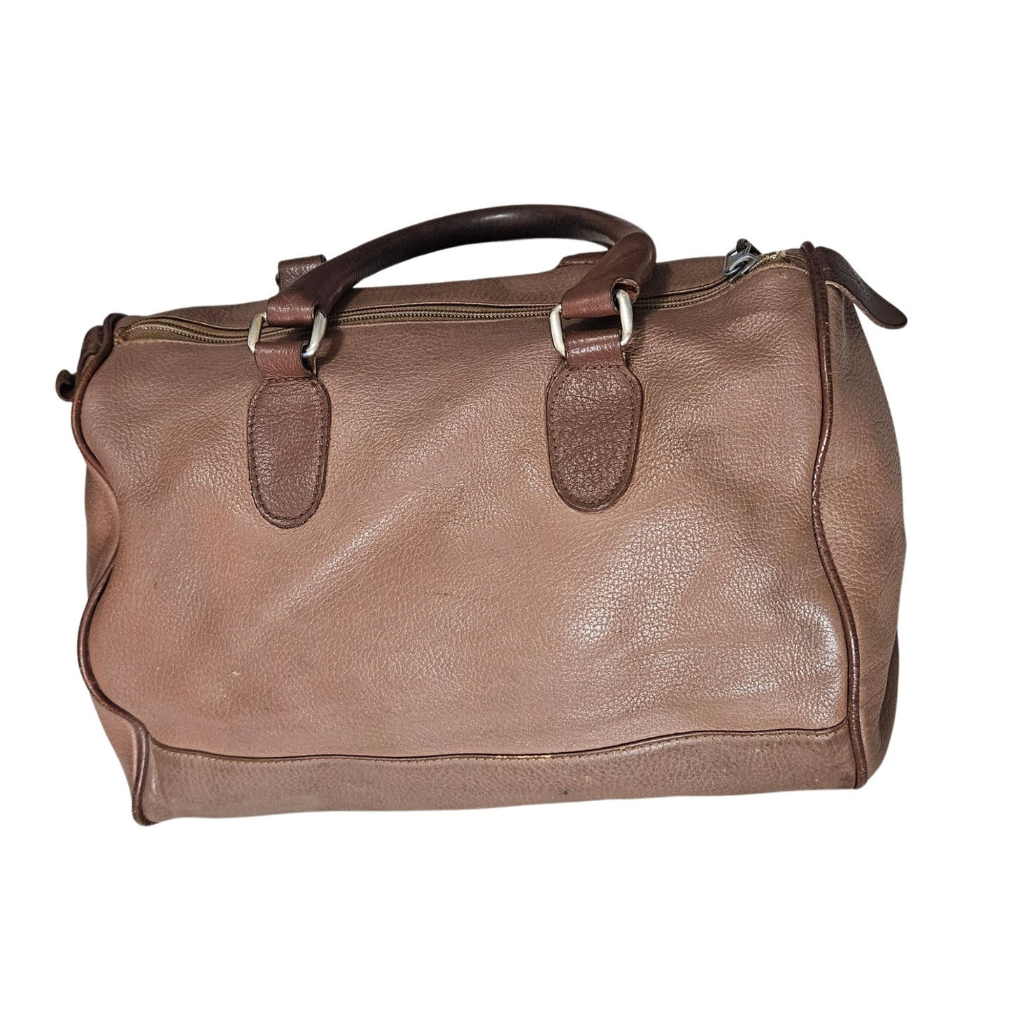 INC Brown Genuine Leather Bowling Barrel Bag Top Handle Handbag Gently Used