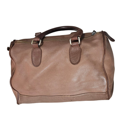INC Brown Genuine Leather Bowling Barrel Bag Top Handle Handbag Gently Used