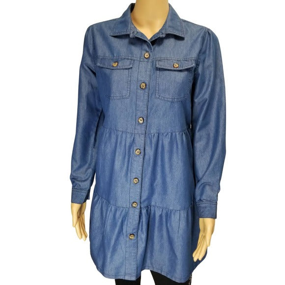 Derek Heart Blue Jean Tiered Button Up Shirt Shacket Size Medium