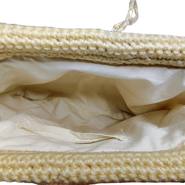 60s Crochet Cord Popcorn Pattern Beige Hand Bag Maxi Clutch Wooden Toggle Purse [Vintage]