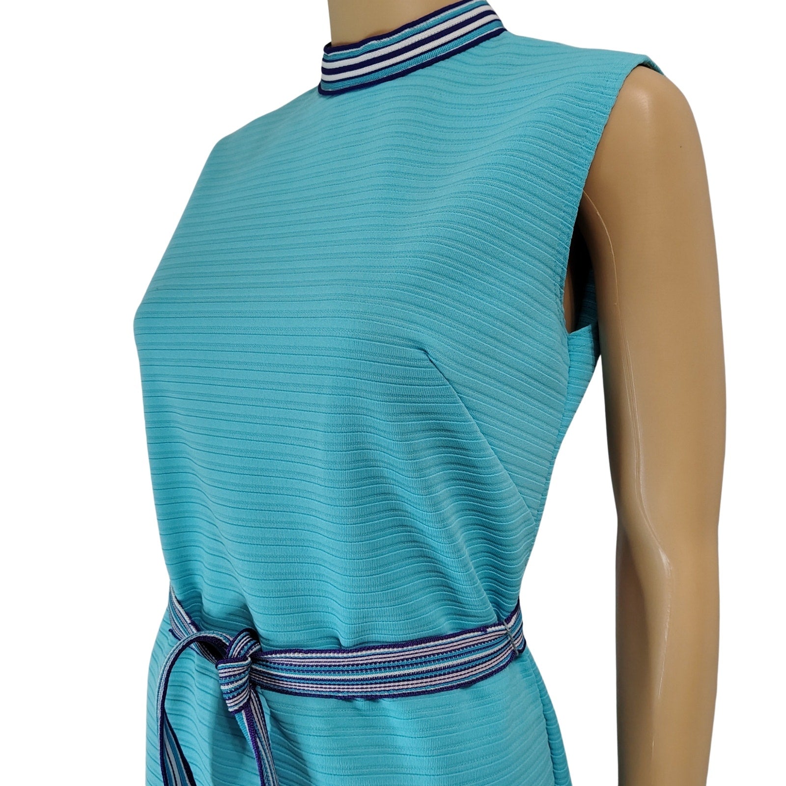 1970s Supreme Turquoise Blue Striped Texture Sleeveless High Neck Dress Size Medium [Vintage]