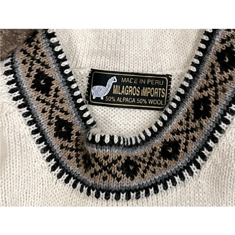 Cream PERU ALPACA Handknit Pullover Tunic Sweater Alpaca Wool Design Size Medium