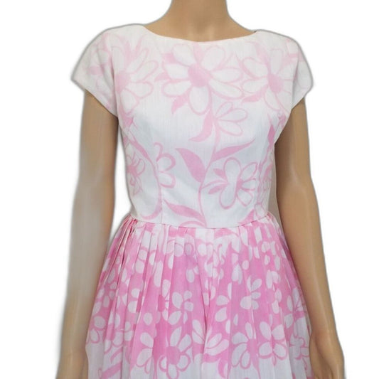 1950s Pink White Floral Handmade Pleated Fit Flare Short Sleeve Puffy Midi Dress Size Small [Vintage]