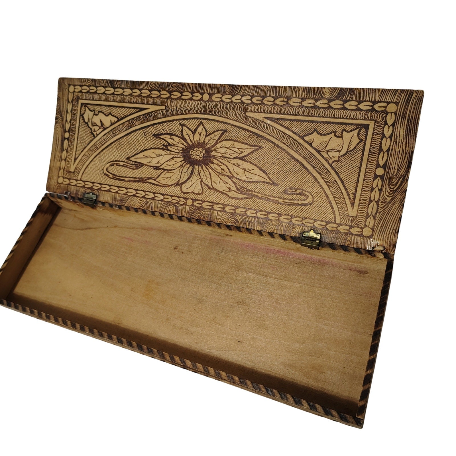 1930s Pyrography Glove Box Wooden Engraved Box Keepsake [Antique]