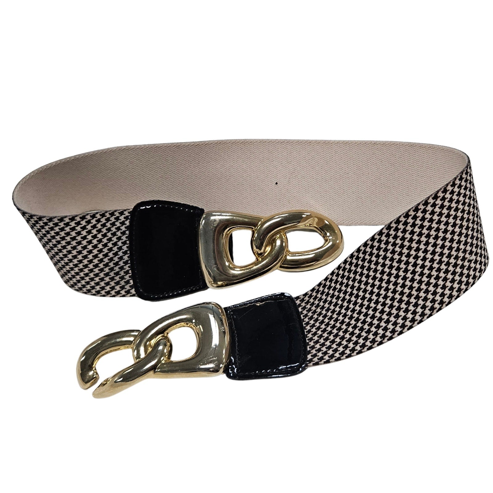 1980s Houndstooth Elastic High Waisted Belt Gold Chunky Buckle Patent Leather Small [Vintage]