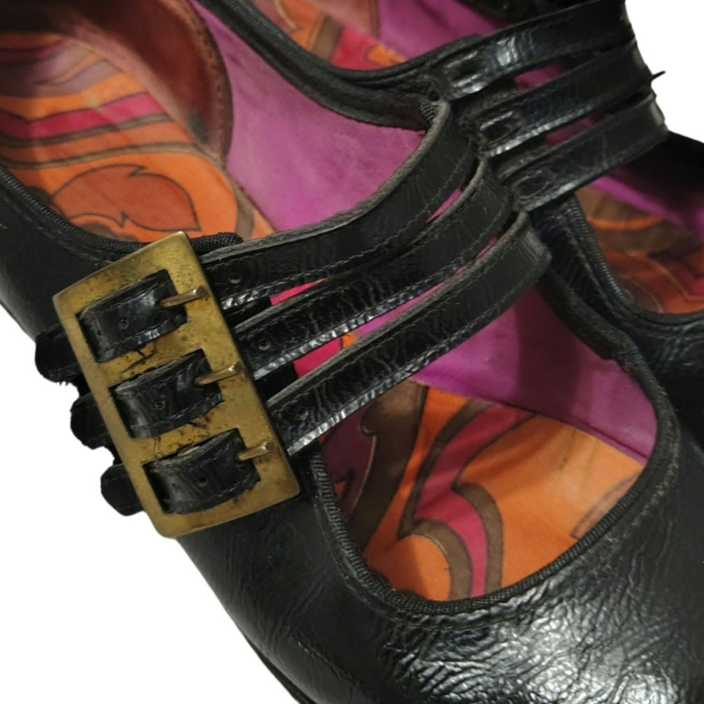 60s Mary Janes Black Leather Square Toe Block Heel Womens Shoes Size 7 [Vintage]