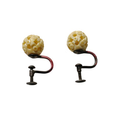 Mid Century Victorian Antique Carved Ivory Cream Bronze Screw Back Clip Earring