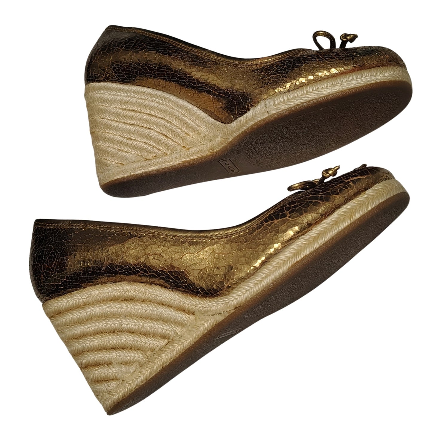 1980s Coach Bronze Crackle Leather Jute Wedge Hee Ireland Bow Espadrille Size 7 [Vintage]