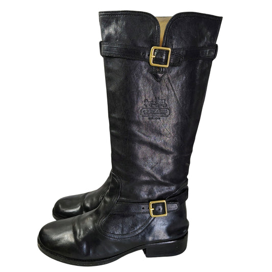 Coach Whitley Tall Black Leather Riding Boots Buckles Zipper Round Toe Size 10B
