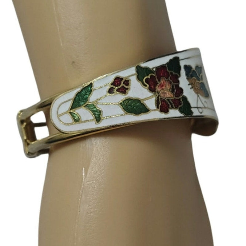 White Enamel Cuff Butterfly Floral Gold Cloisonne Bracelet Flowers [Vintage]