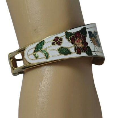 White Enamel Cuff Butterfly Floral Gold Cloisonne Bracelet Flowers [Vintage]
