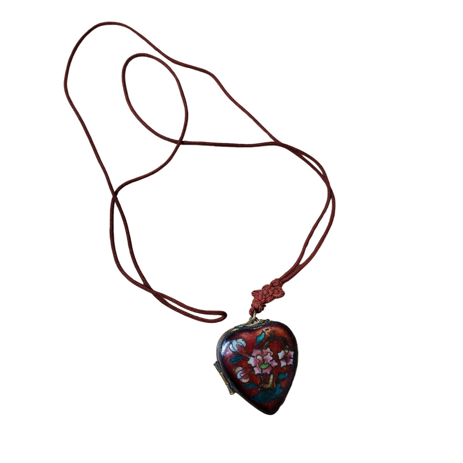 1900s Cloisonne Enamel Red Floral Heart Trinket Locket Pendant Necklace Red Cord [Antique]