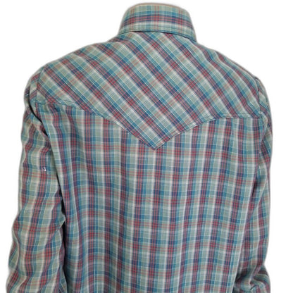 Metallic Shimmer Blue Vintage Western Cowboy Cowgirl Plaid Button Up Shirt Med