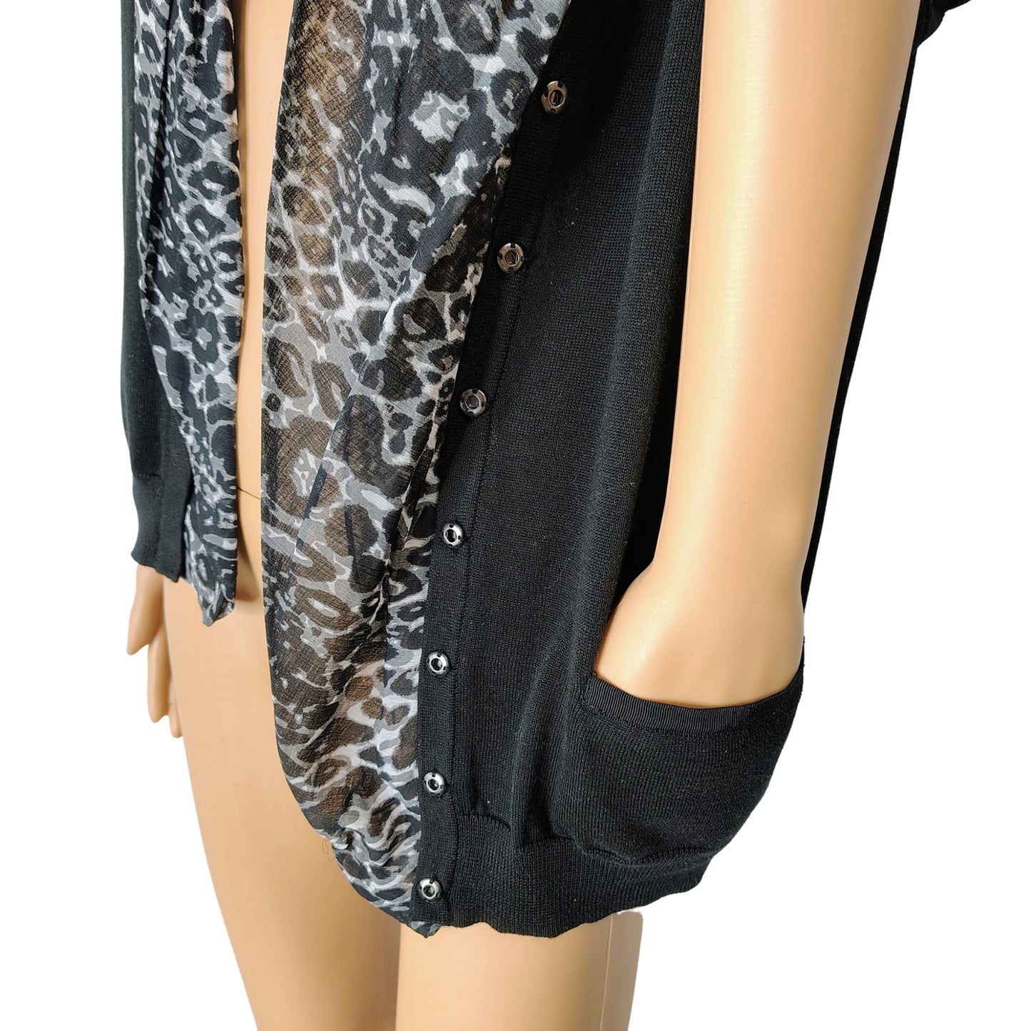 Tahari 100% Cotton Black Leopard Trim Button Front Cardigan Size Medium Petite