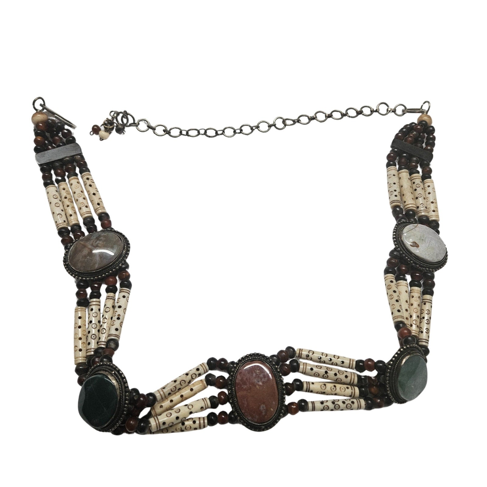 Natural Stone Bohemian Cabachon Concha Belt Carved Bone Beads Four Strands Small