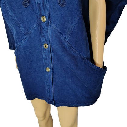 1990s Pado California Indigo Blue Denim Jean Jacket Dolman Sleeves Embroidered [Vintage]