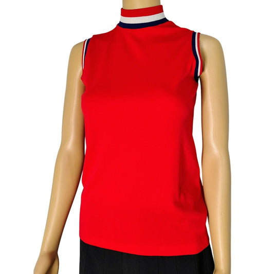 70s Red White Blue High Neckline Sleeveless High Neck Top Back Zipper Size Small [Vintage]