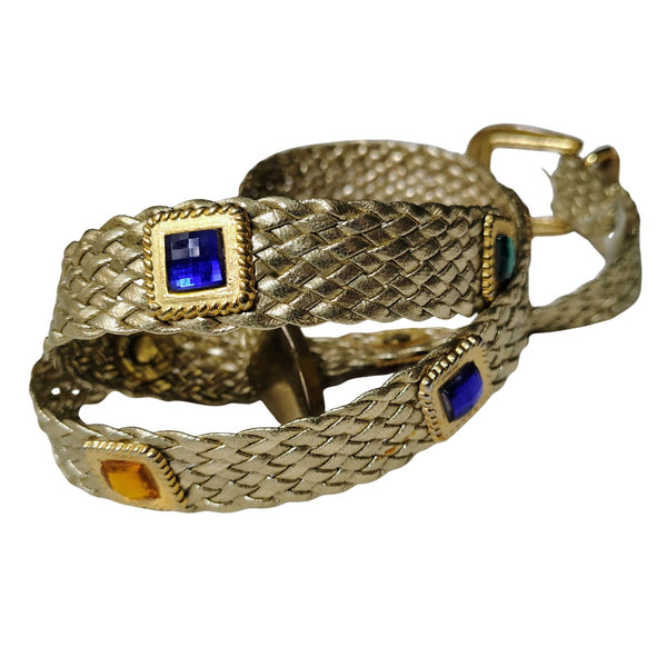 1990s Omega Metallic Gold Weave Belt Colorful Stone Accents Size Large [Vintage]