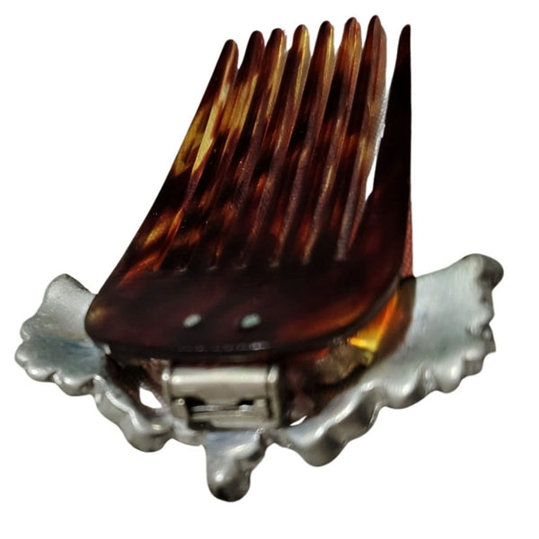 1920s Tortoise Shell Celluloid Metal Gemstone Flower Adorned Hair Comb [Vintage]