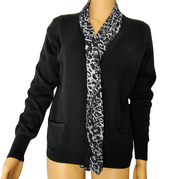 Tahari 100% Cotton Black Leopard Trim Button Front Cardigan Size Medium Petite