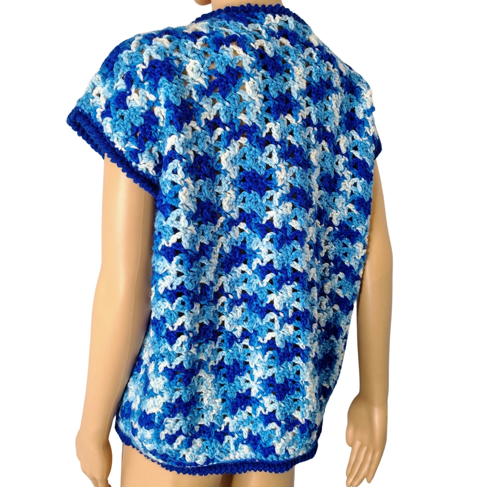 1970s Blue White Crochet Knit Cap Sleeves Tie Up Cardigan Sweater Size Large [Vintage]