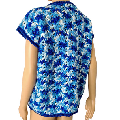 1970s Blue White Crochet Knit Cap Sleeves Tie Up Cardigan Sweater Size Large [Vintage]