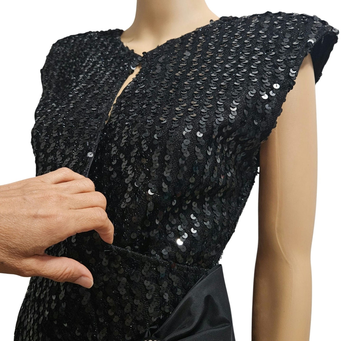 70’s 80’s Frederick’s Hollywood Black Sequin Wiggle Dress Bow Crystals Open Back