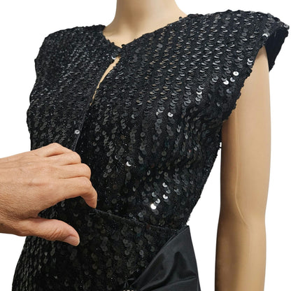 70’s 80’s Frederick’s Hollywood Black Sequin Wiggle Dress Bow Crystals Open Back
