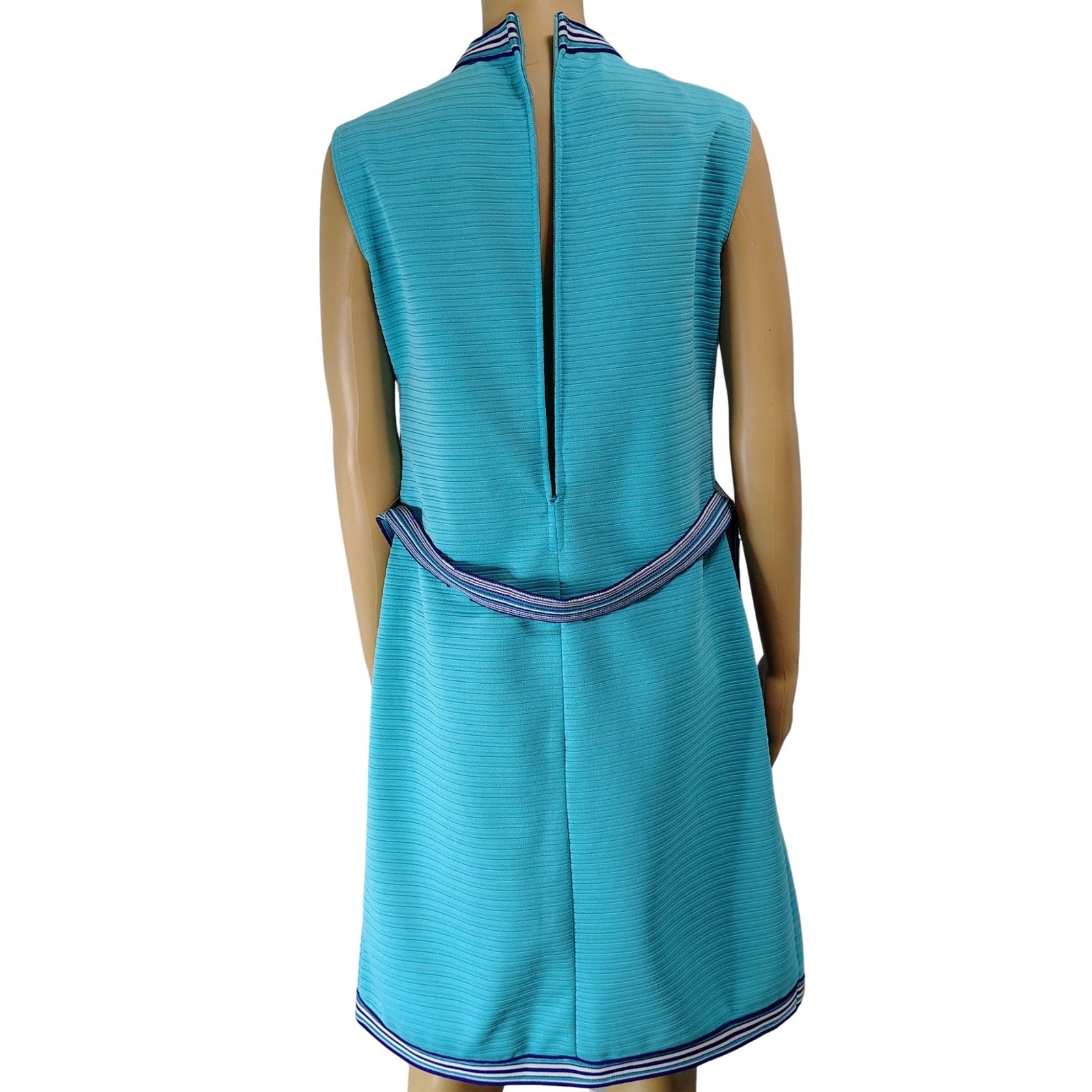 1970s Supreme Turquoise Blue Striped Texture Sleeveless High Neck Dress Size Medium [Vintage]
