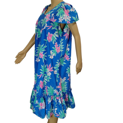 1970s Blue Hawaiian Pink Floral Pullover Caftan House Dress Cap Sleeves Wide Loose Fit [Vintage]