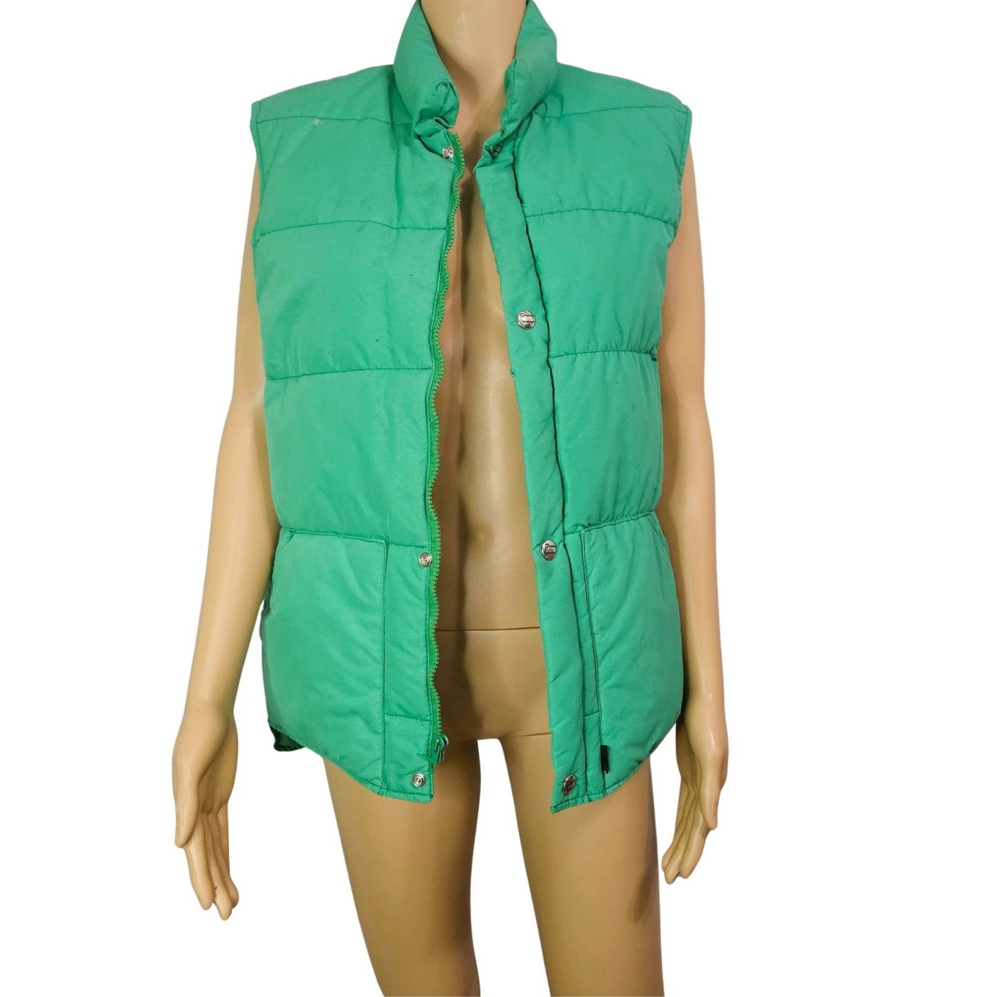 1980s Woolrich Insulated Kelly Green Yellow Goose Down Puffer Vest Size Medium [Vintage]