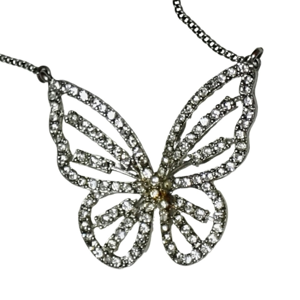 1990s Clear Crystal Bling Butterfly Pendant Silver Tone Chain Link Necklace [Vintage]