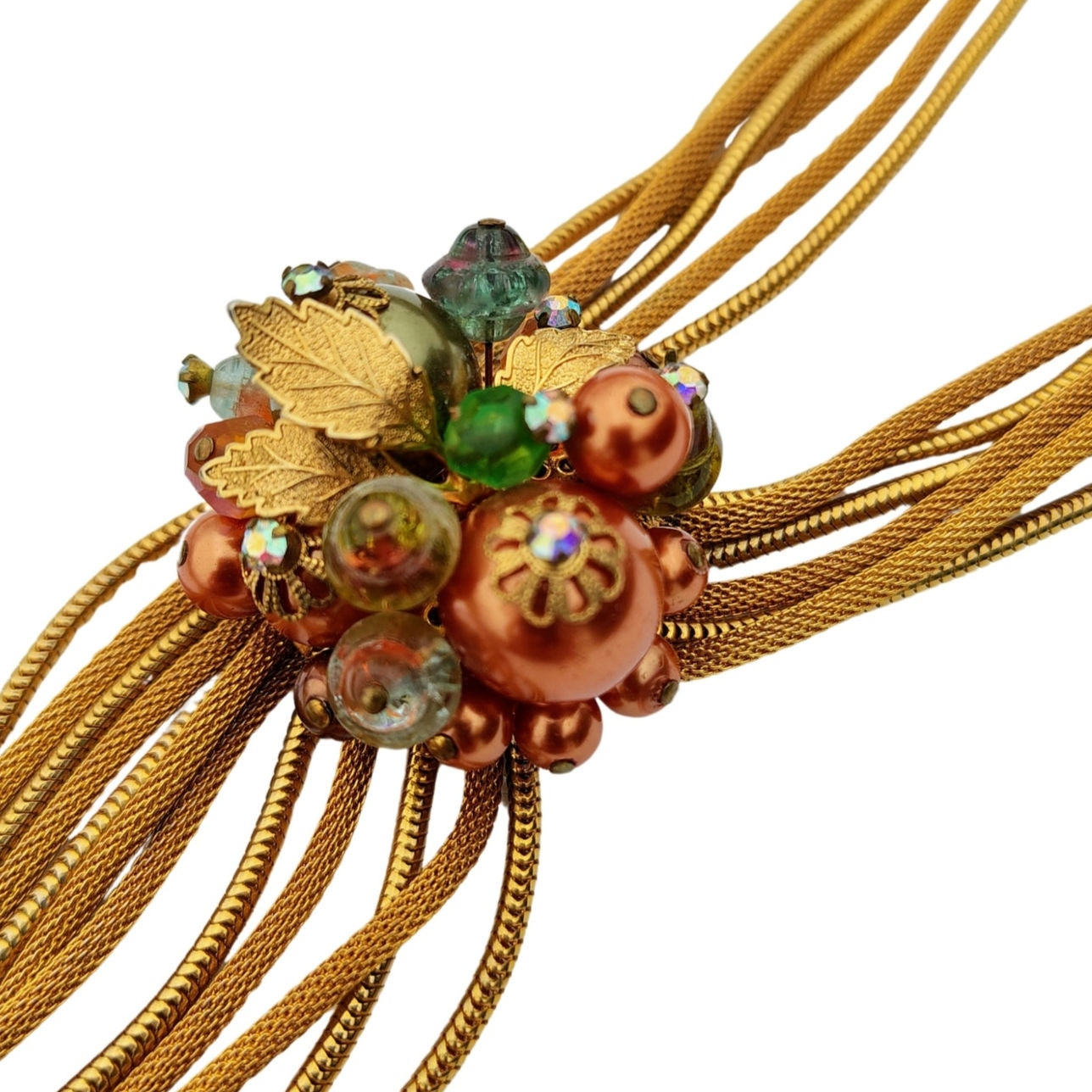 Aurora Borealis Beads Multi Strand Gold Tone Tie Necklace [Vintage]
