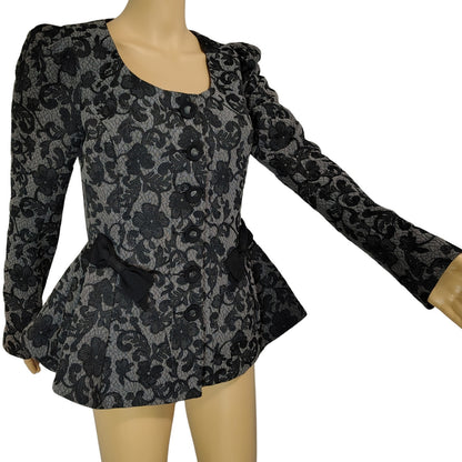 Betsey Johnson Floral Jacket Brocade Runway Peplum Ribbon Fit Flare Size 6