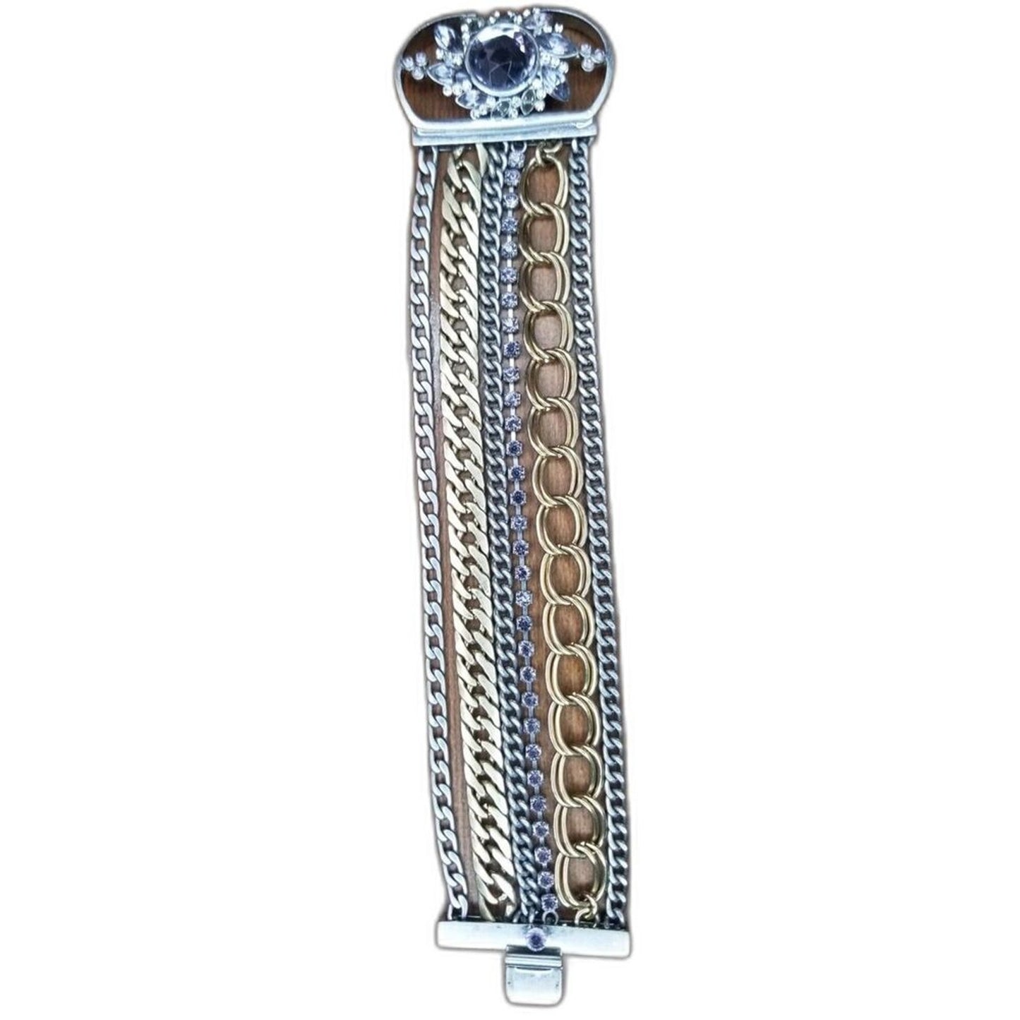 Vintage Layered Chain Link Gold Silver Tone Cuff Bracelet Crystal Adorned Flower