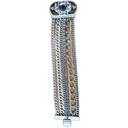 Vintage Layered Chain Link Gold Silver Tone Cuff Bracelet Crystal Adorned Flower