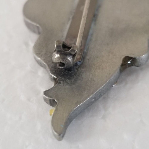 1960s Vintage Enamel Crystal Adorned Floral Yellow Wide Silver Tone Brooch