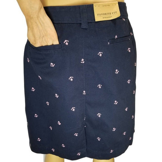 Embroidered Pink Anchors Blue Pencil Skirt  L.L. Bean Nautical Size Petite 16