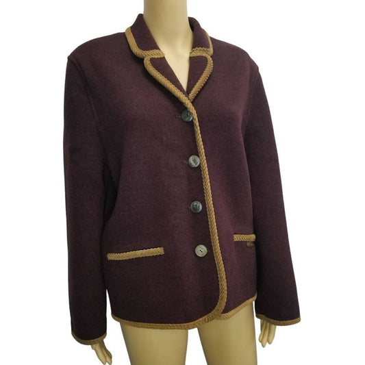 Giesswein Made in Austria Burgundy Wine Color Wool Blazer with Brown Trim Size 8 [Vintage]