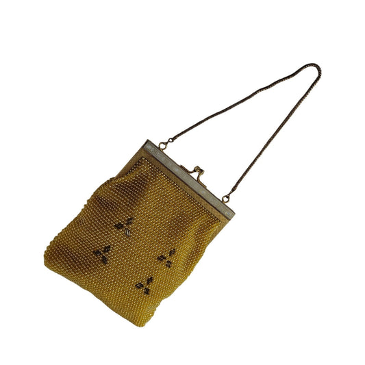 Vintage Yellow & Gold Tone Bubble Beaded Chain Handle Rectangle Evening Hand Bag