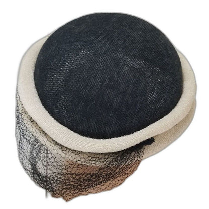 1950s Veiled Black Hat Cream Trim Round Top Cocktail Hat Size 7 1/2 [Vintage]